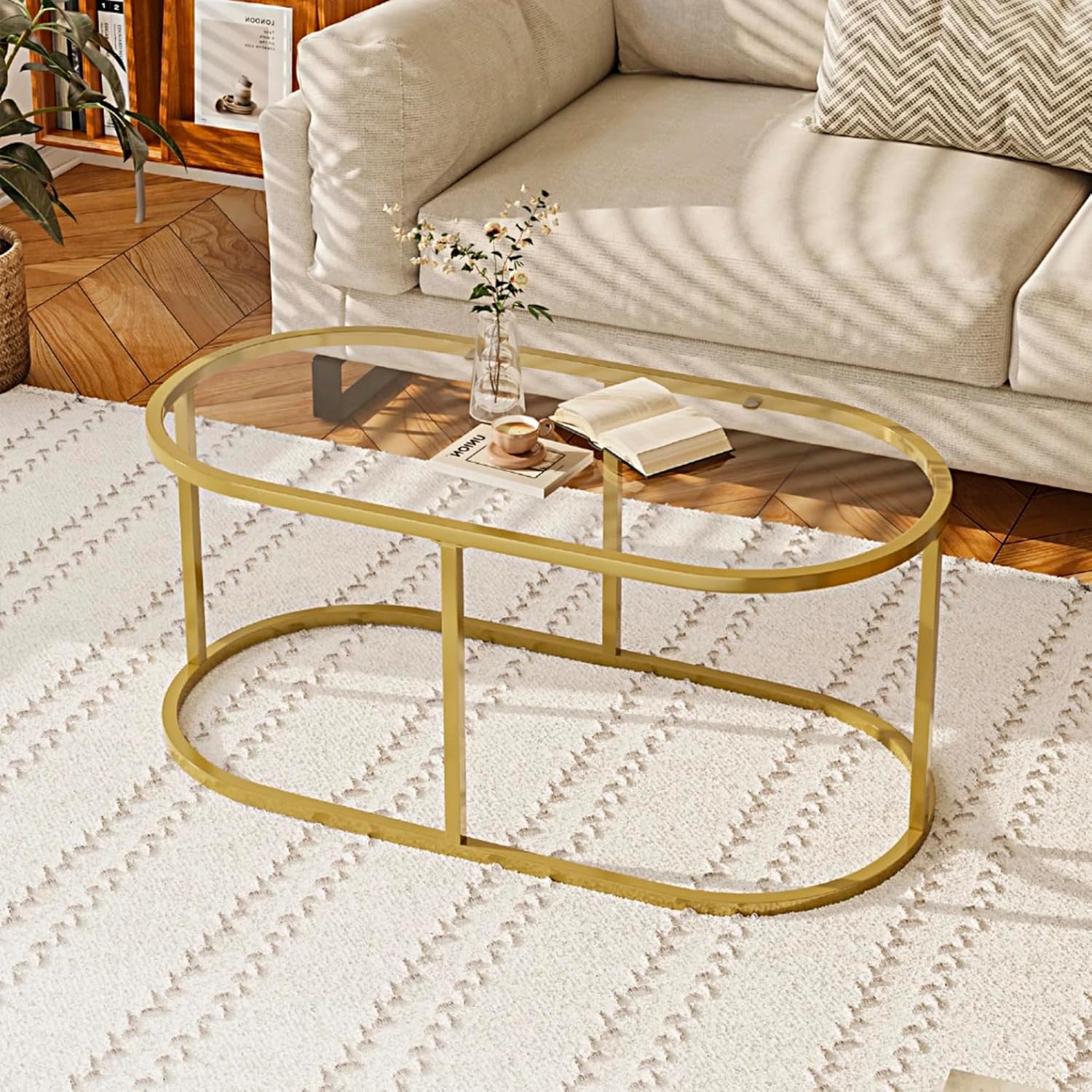 Oval Glass Coffee Table with Metal Frame, Modern Center Table