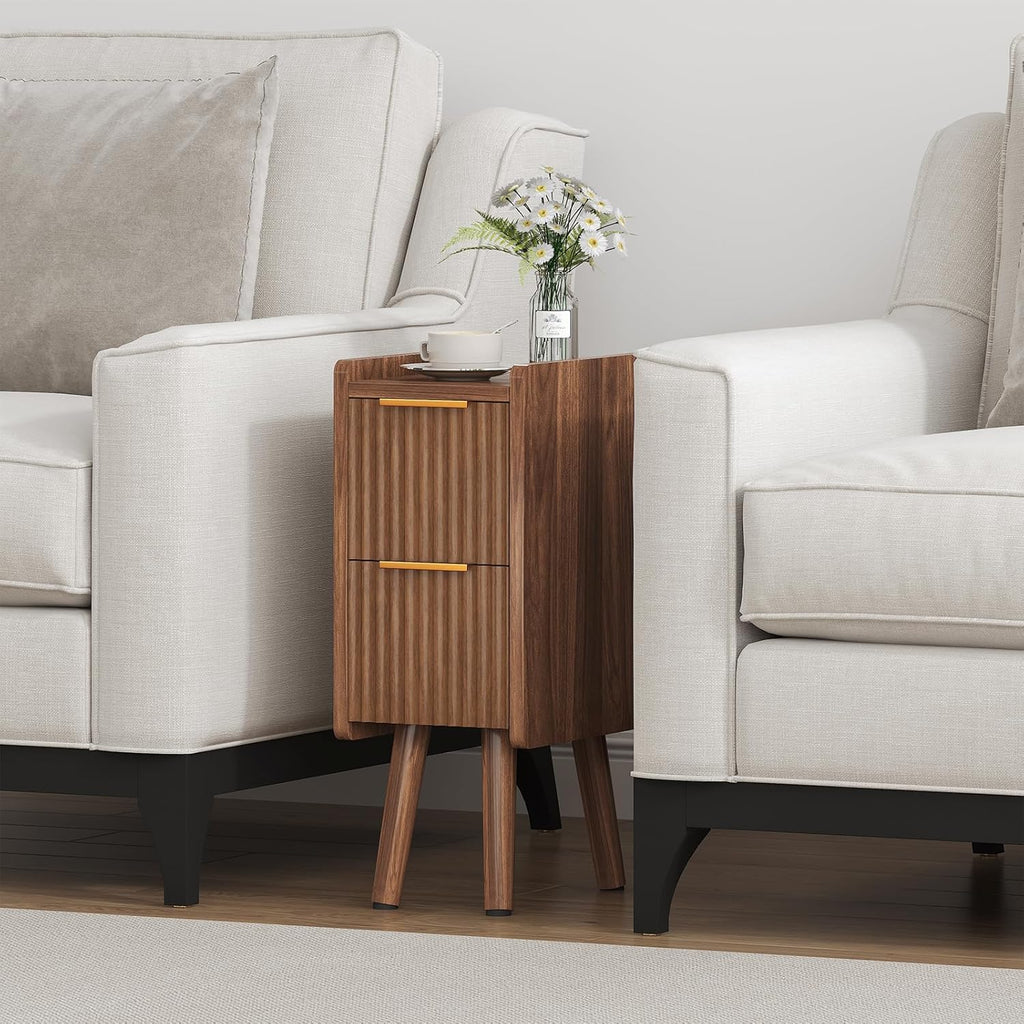 Skinny Bedside Table, Fluted Design with Drawers, Walnut