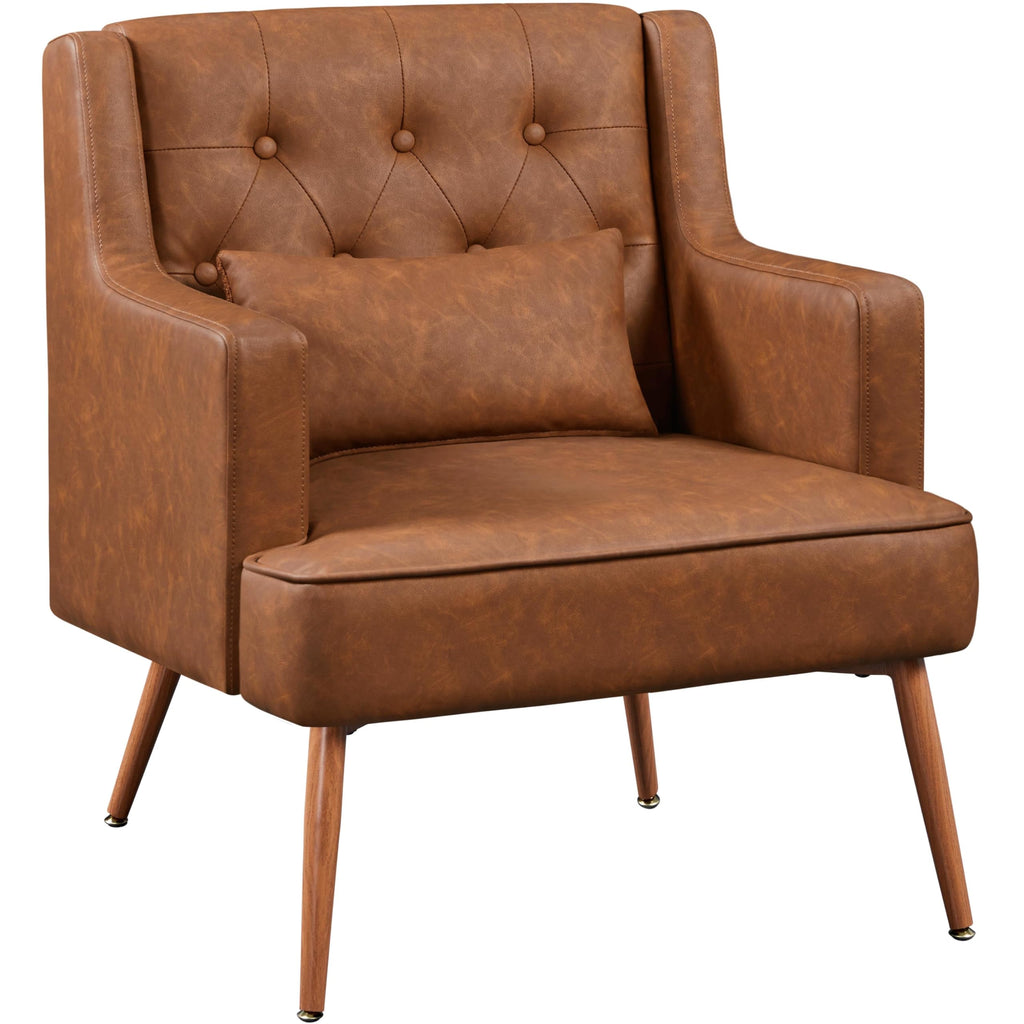 Mid Century PU Leather Armchair with Lumbar Pillow, Reading Chair, 2PCS