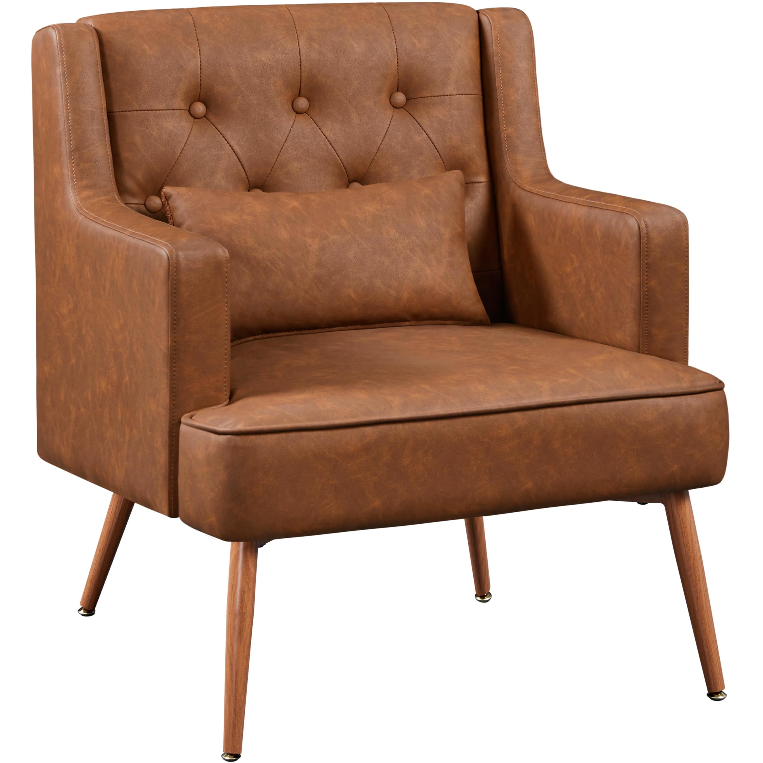 Mid Century PU Leather Armchair with Lumbar Pillow, Reading Chair, 2PCS