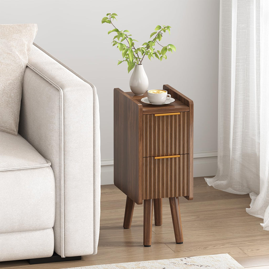 Skinny Bedside Table, Fluted Design with Drawers, Walnut