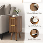 Skinny Bedside Table, Fluted Design with Drawers, Walnut