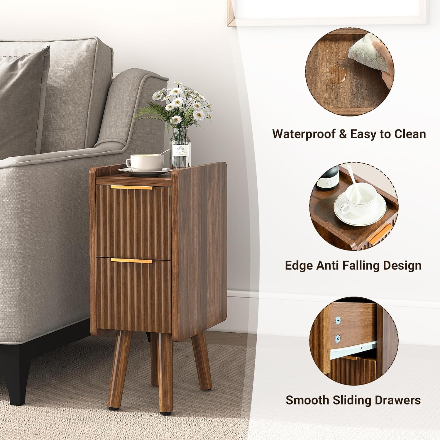 Skinny Bedside Table, Fluted Design with Drawers, Walnut