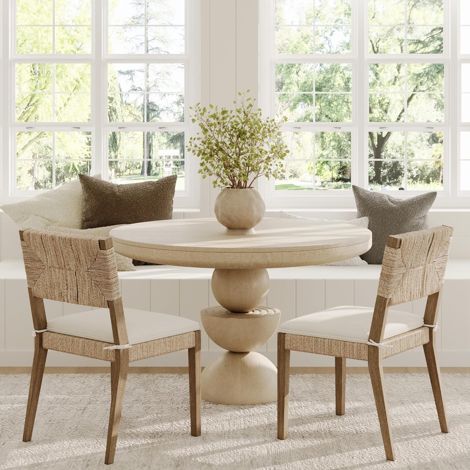 Boucle Dining Chair Set of 2, Natural Texture with Solid Wood Legs
