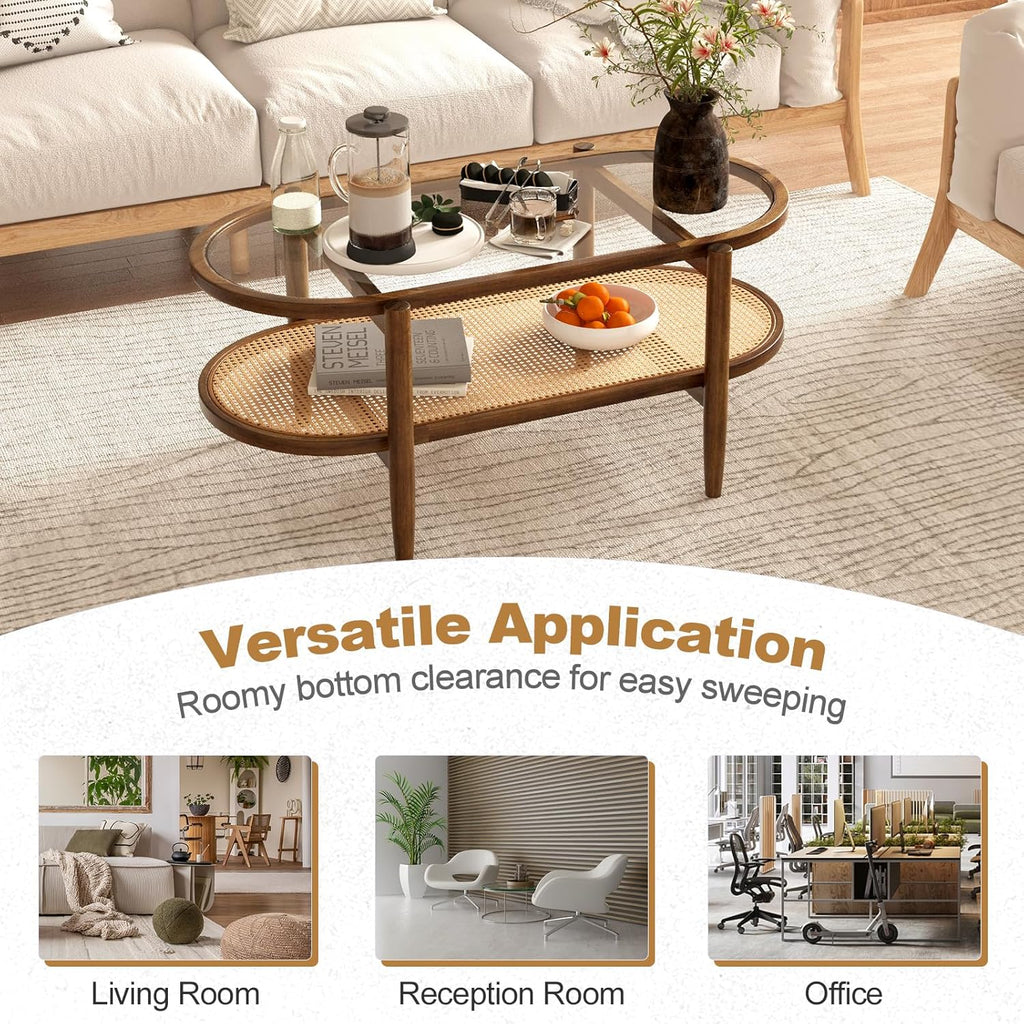 Oval Coffee Table with Rattan Shelf, 2-Tier Wood & Glass Table