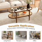 Oval Coffee Table with Rattan Shelf, 2-Tier Wood & Glass Table