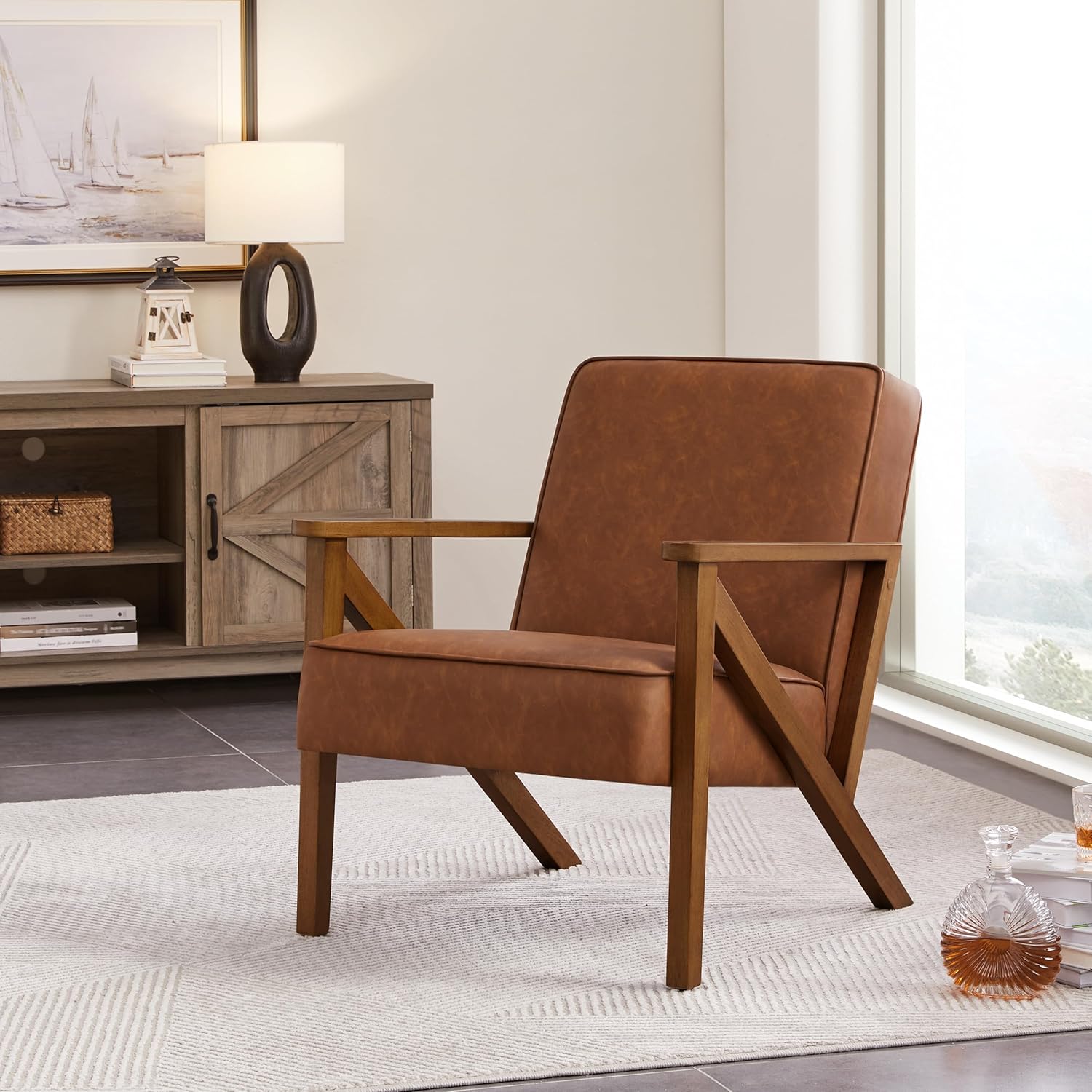 Faux Leather Lounge Chair with Wood Frame, Modern Retro for Living Room & Office