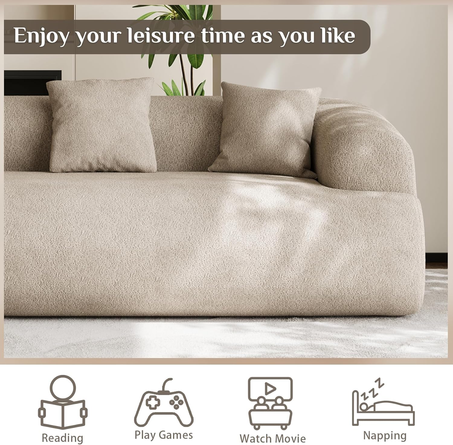 Chenille Cloud Sofa, Curved 3-Seater with Pillows, No Assembly