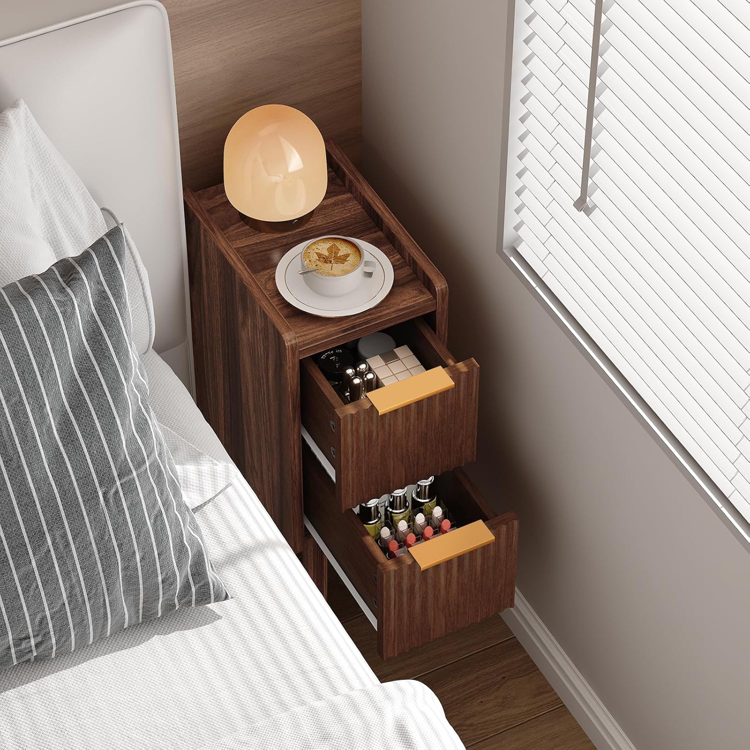 Skinny Bedside Table, Fluted Design with Drawers, Walnut