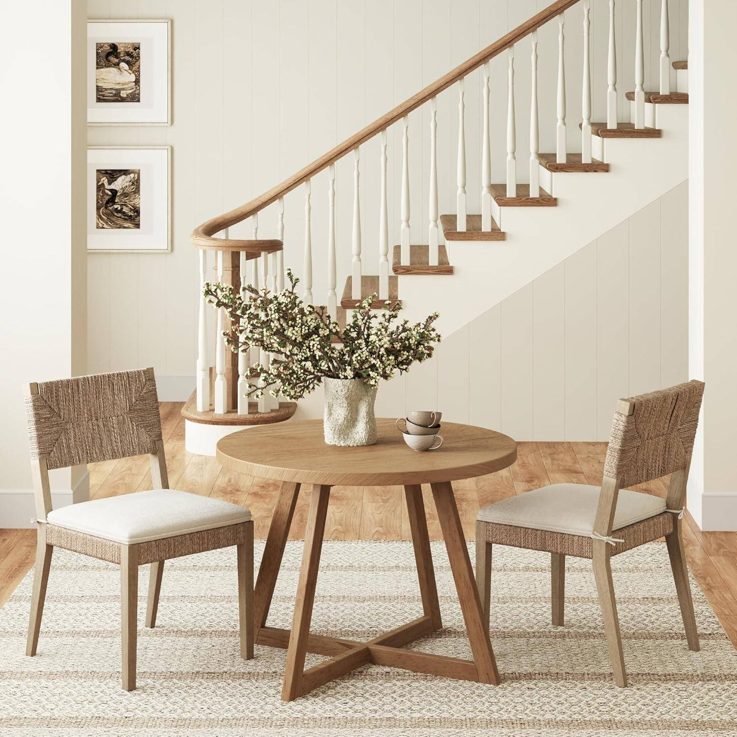 Boucle Dining Chair Set of 2, Natural Texture with Solid Wood Legs