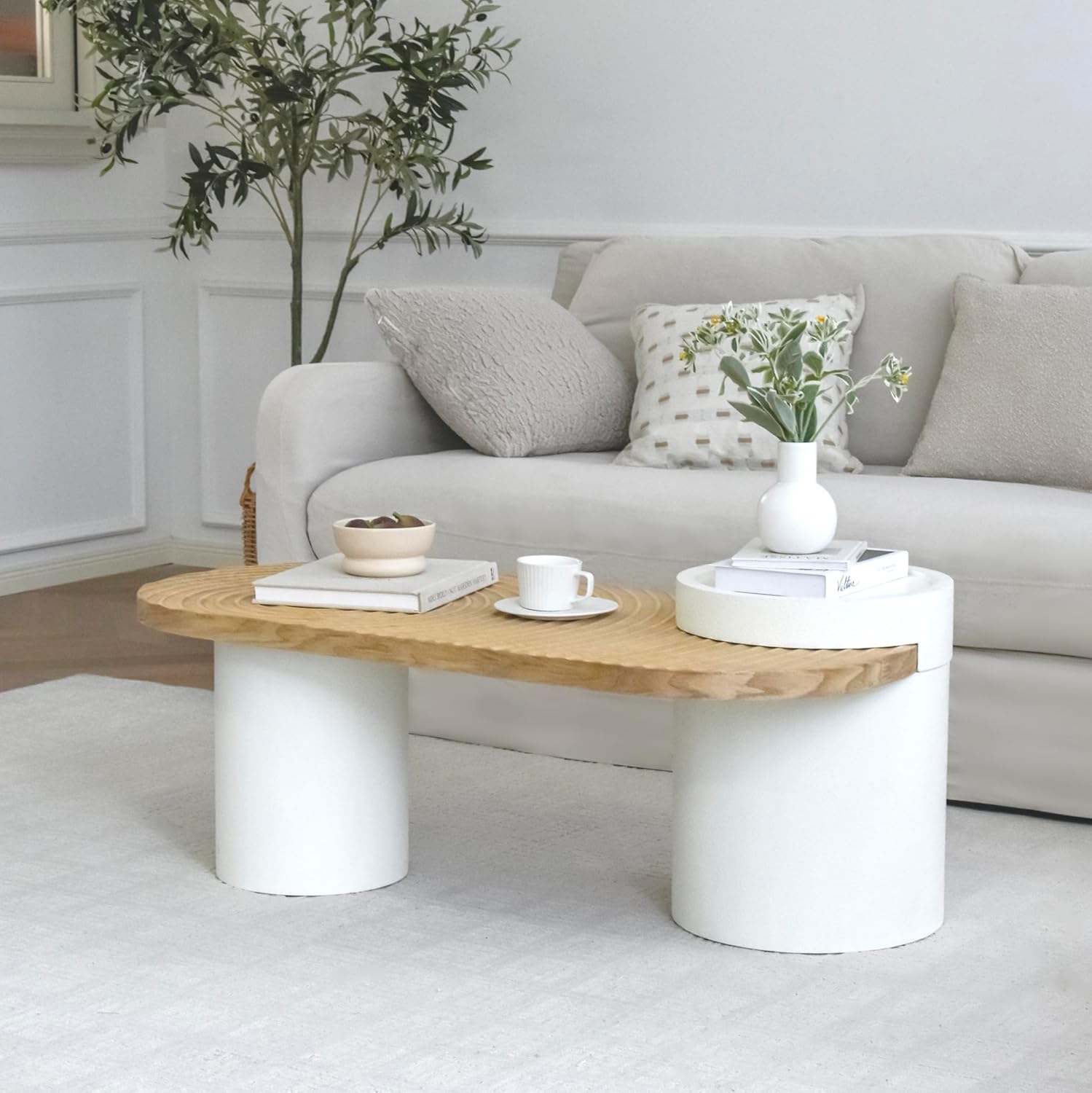Oval Solid Wood Coffee Table with Storage, Modern Living Room Table