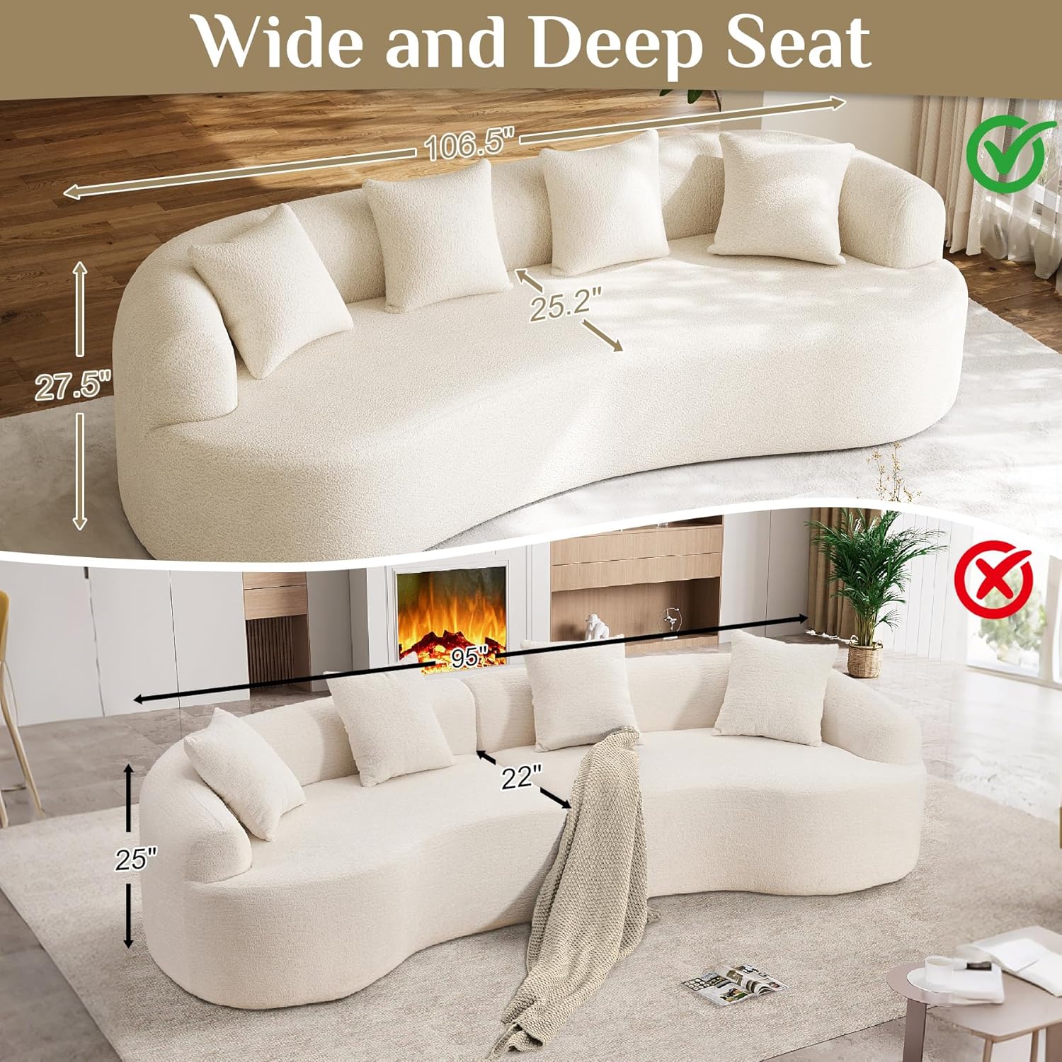 Oversized Chenille Cloud Sectional Sofa, Deep Seat 4-Seater, No Assembly
