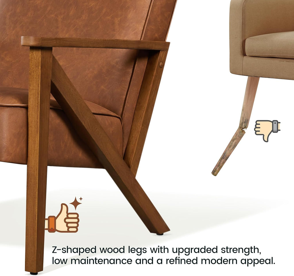 Faux Leather Lounge Chair with Wood Frame, Modern Retro for Living Room & Office