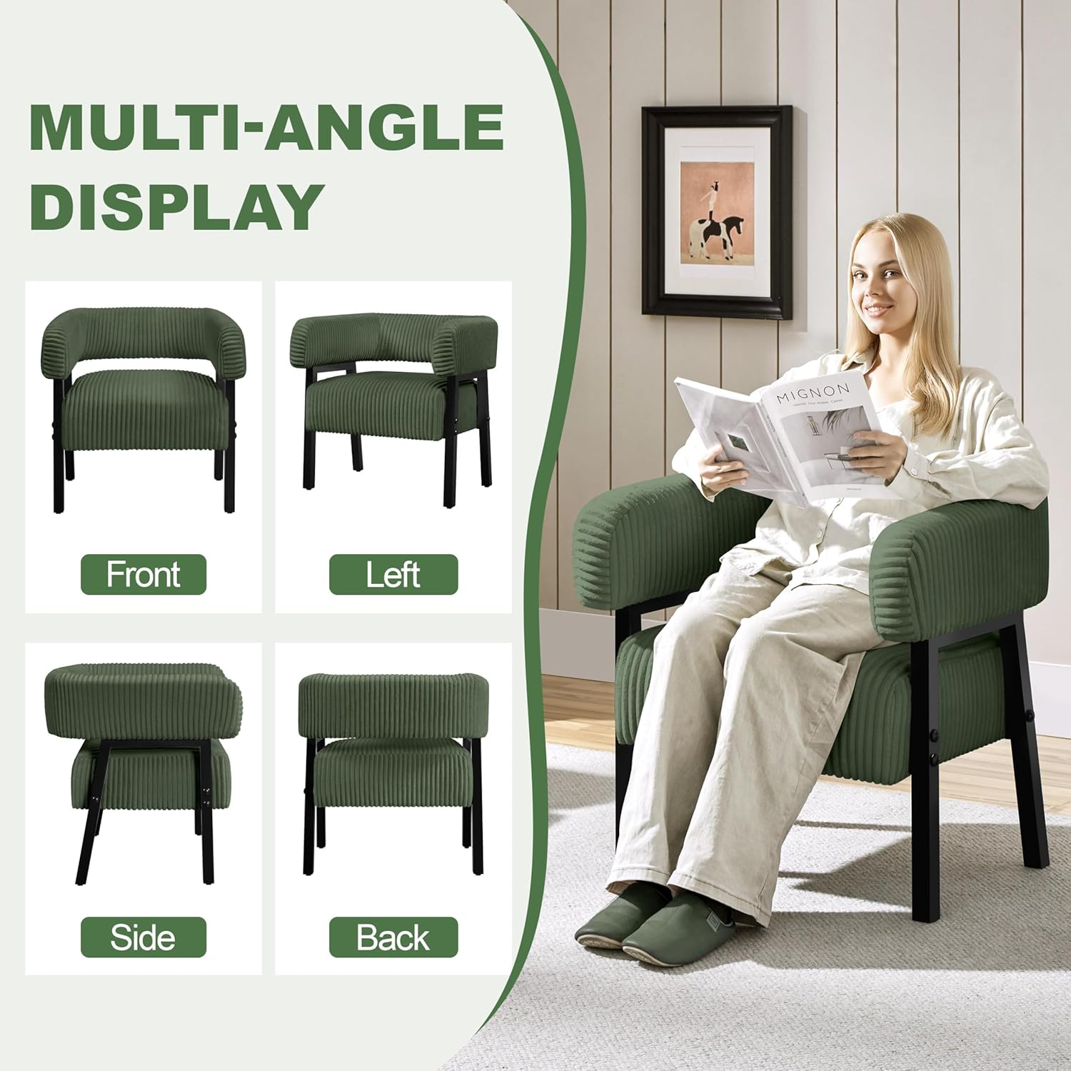 Corduroy Barrel Accent Chair, Solid Wood Legs, Modern Armchair