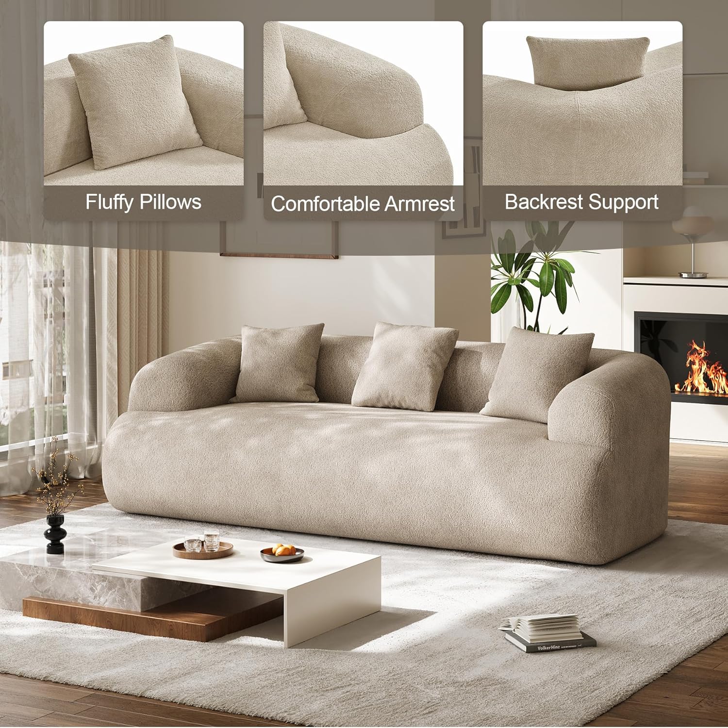 Chenille Cloud Sofa, Curved 3-Seater with Pillows, No Assembly
