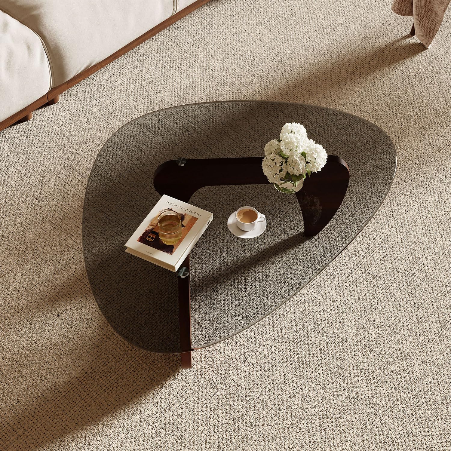 Triangle Glass Coffee Table with Solid Wood Base for Living Room