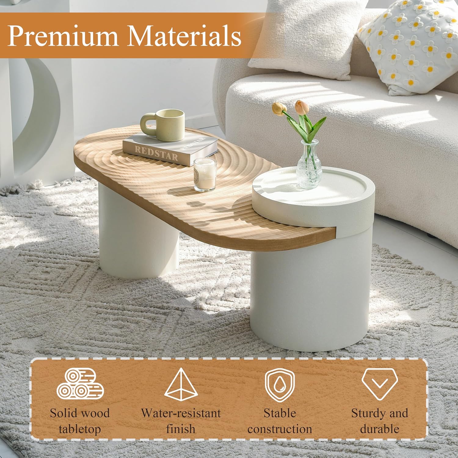 Oval Solid Wood Coffee Table with Storage, Modern Living Room Table