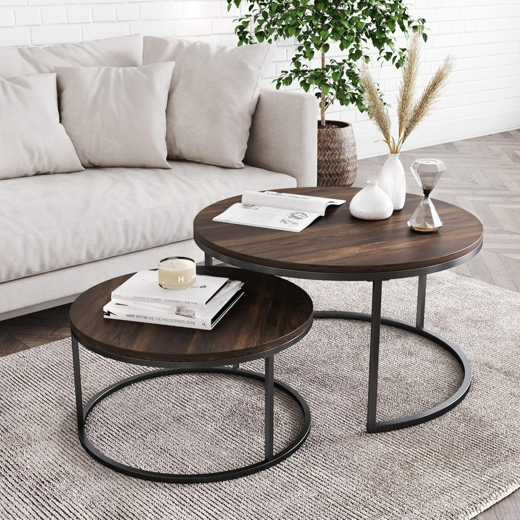 Round Nesting Coffee Table Set of 2, Wood & Metal Accent Tables