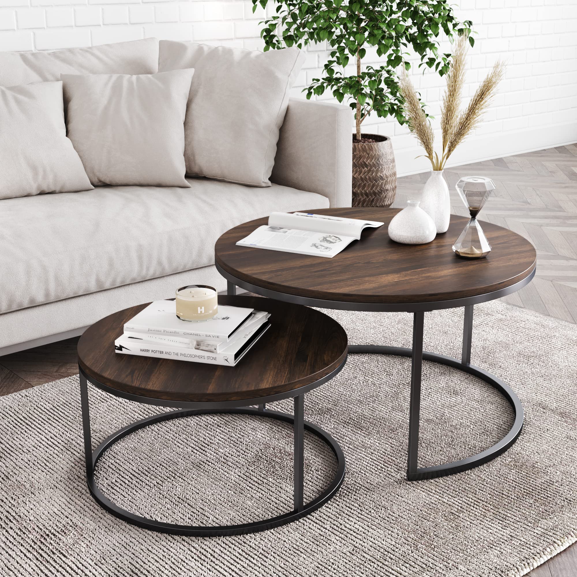 Round Nesting Coffee Table Set of 2, Wood & Metal Accent Tables