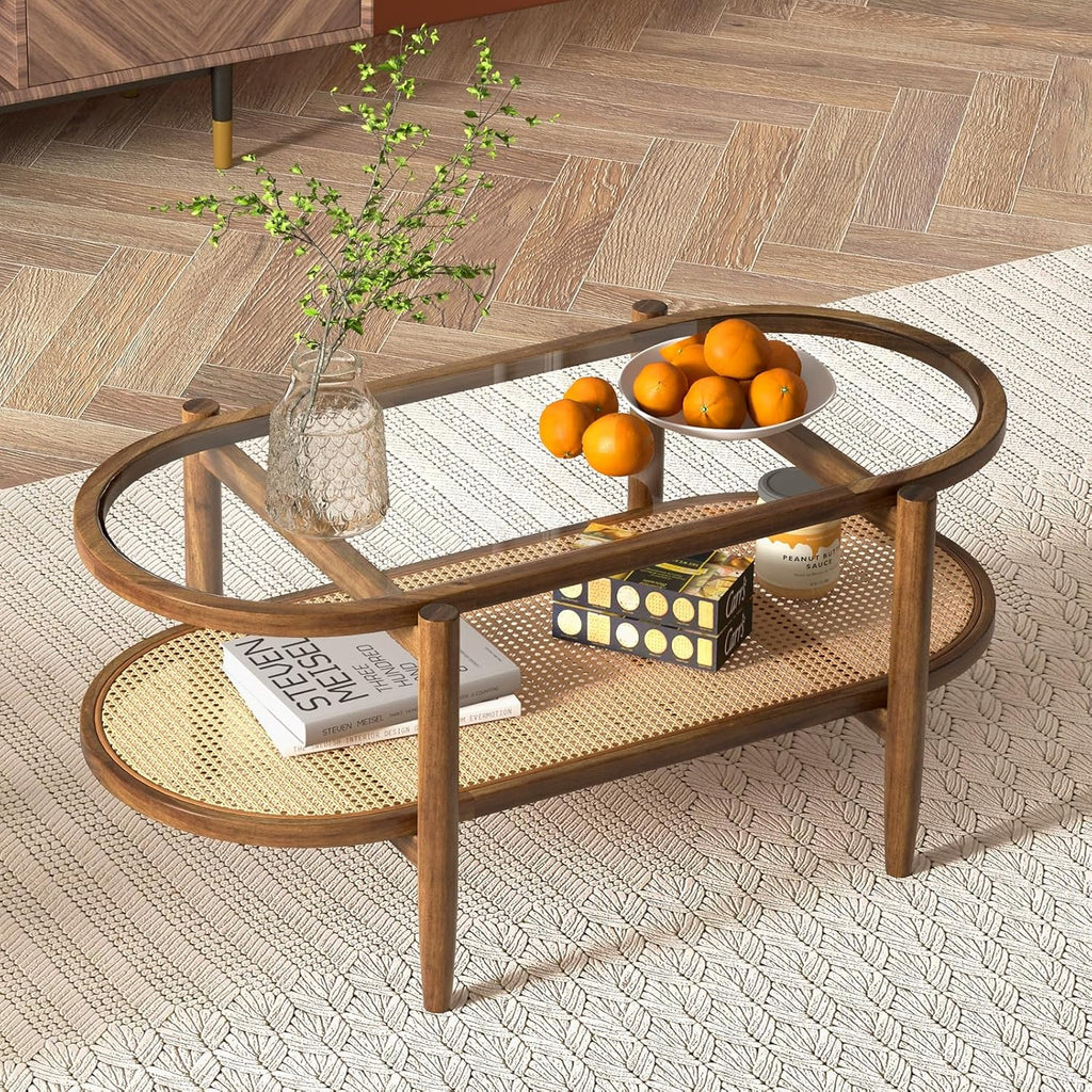 Oval Coffee Table with Rattan Shelf, 2-Tier Wood & Glass Table