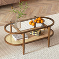 Oval Coffee Table with Rattan Shelf, 2-Tier Wood & Glass Table