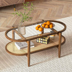 Oval Coffee Table with Rattan Shelf, 2-Tier Wood & Glass Table