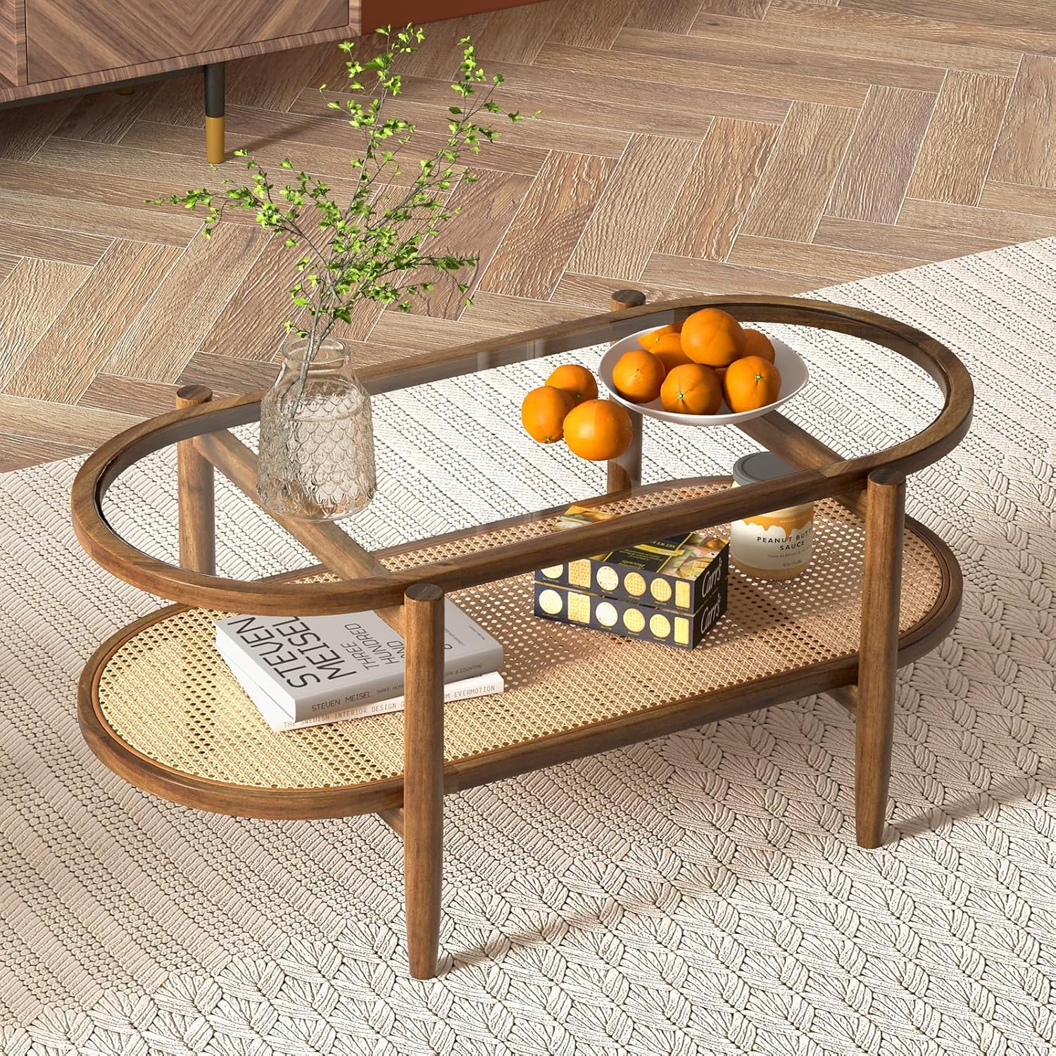 Oval Coffee Table with Rattan Shelf, 2-Tier Wood & Glass Table