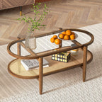 Oval Coffee Table with Rattan Shelf, 2-Tier Wood & Glass Table