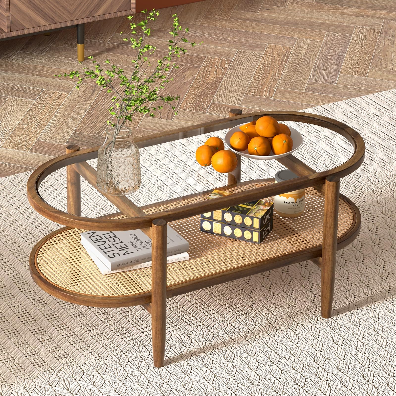 Oval Coffee Table with Rattan Shelf, 2-Tier Wood & Glass Table