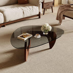 Triangle Glass Coffee Table with Solid Wood Base for Living Room