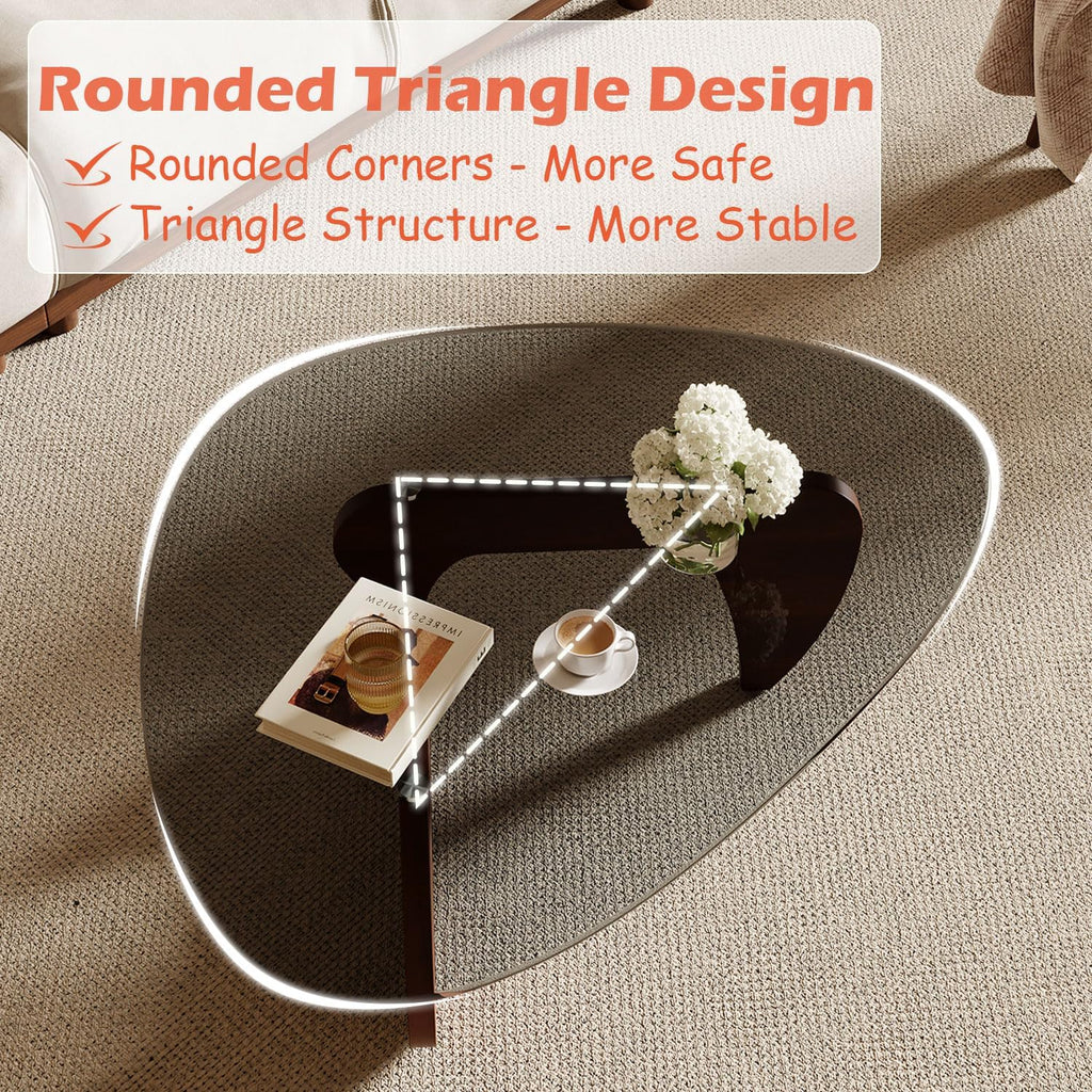 Triangle Glass Coffee Table with Solid Wood Base for Living Room