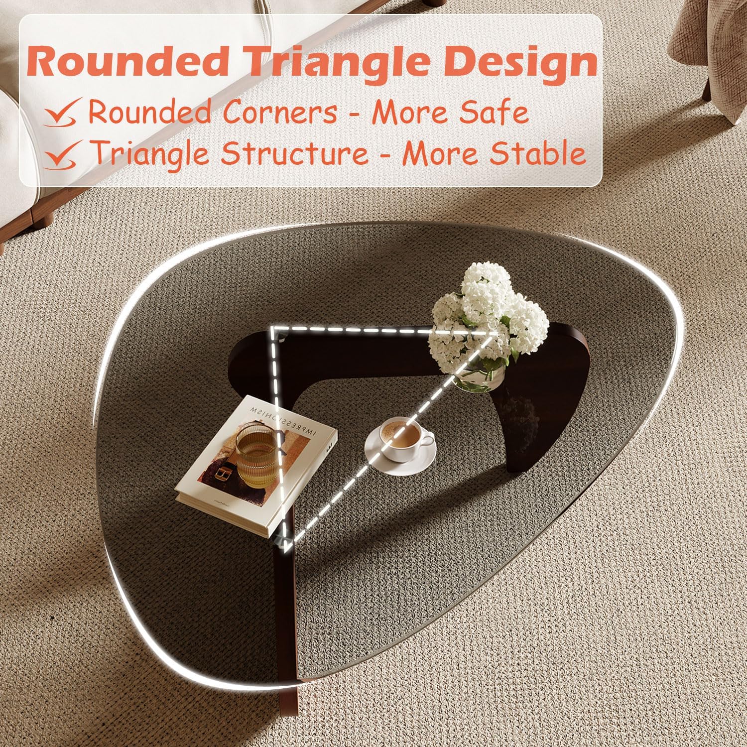 Triangle Glass Coffee Table with Solid Wood Base for Living Room