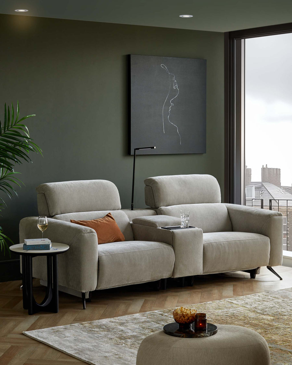 Light Grey Fabric Recliner Two-seater Sofa Console For Living Room
