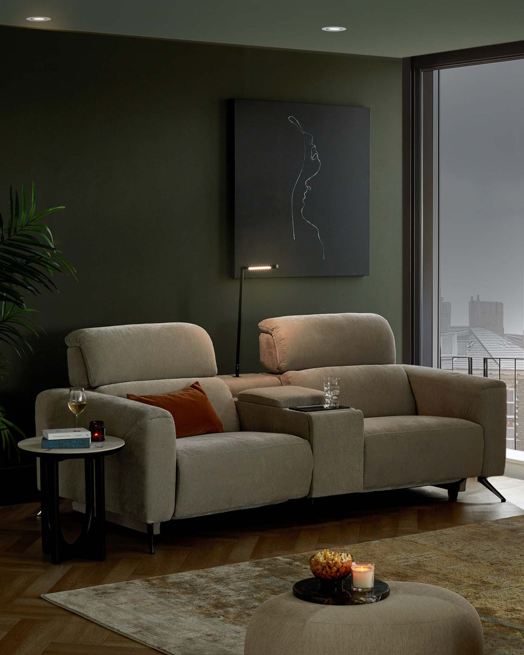 Light Grey Fabric Recliner Two-seater Sofa Console For Living Room