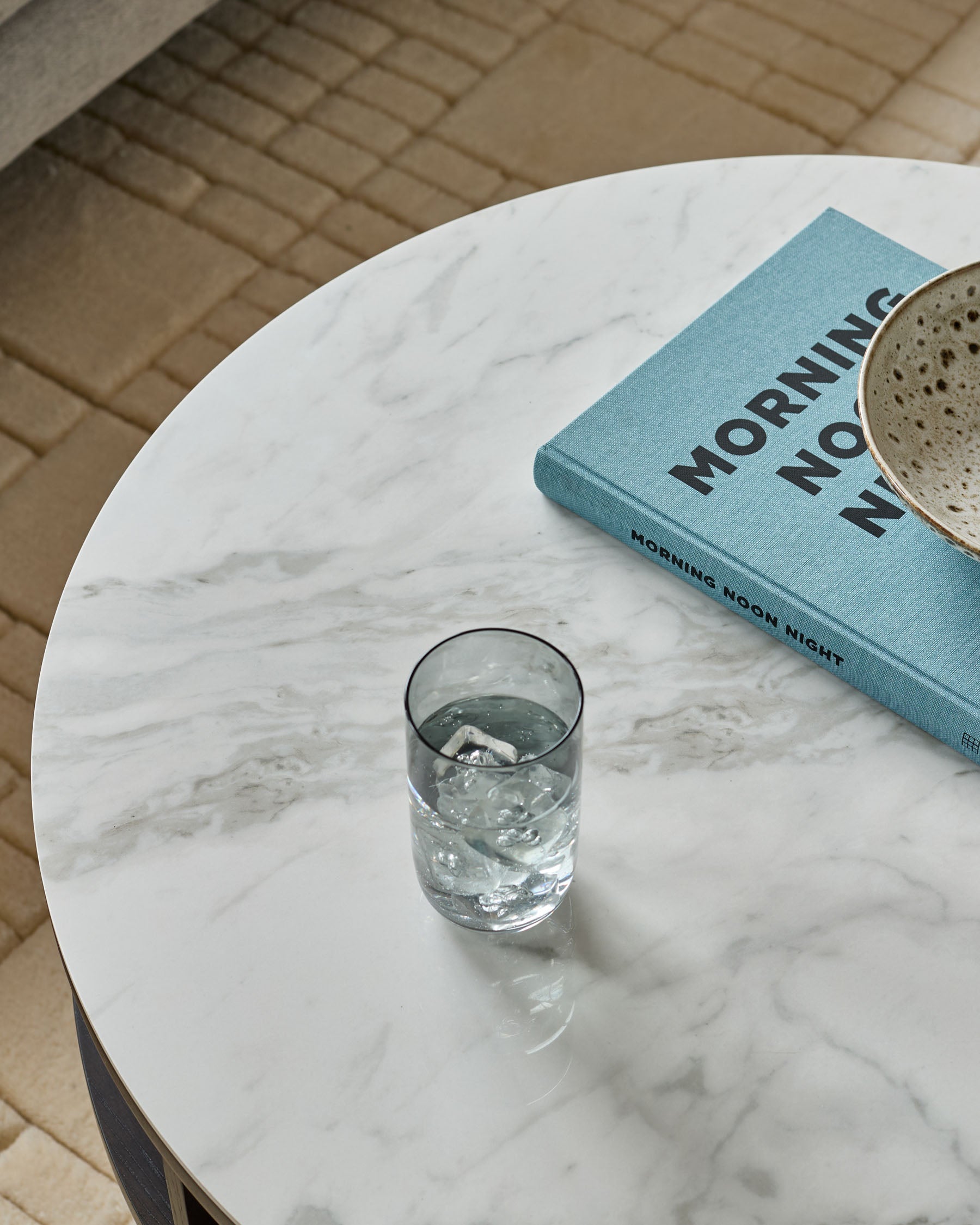Marbled Ceramic and Dark Oak Round Coffee Table for