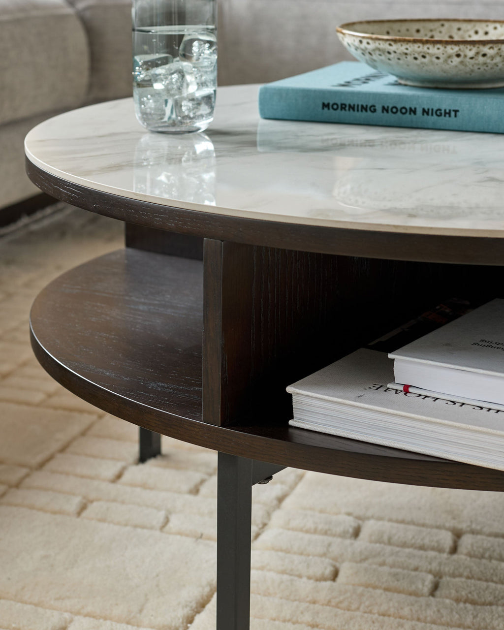 Marbled Ceramic and Dark Oak Round Coffee Table for