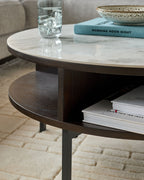 Marbled Ceramic and Dark Oak Round Coffee Table for