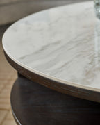 Marbled Ceramic and Dark Oak Round Coffee Table for