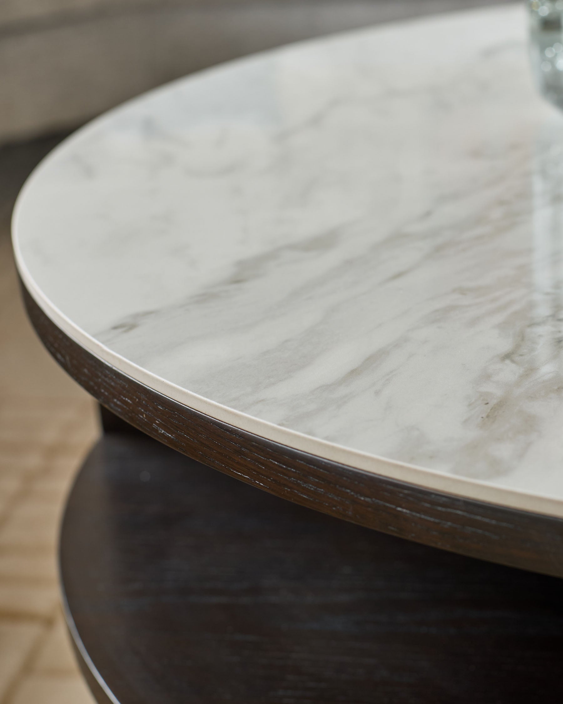 Marbled Ceramic and Dark Oak Round Coffee Table for