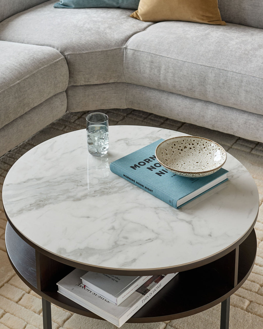 Marbled Ceramic and Dark Oak Round Coffee Table for