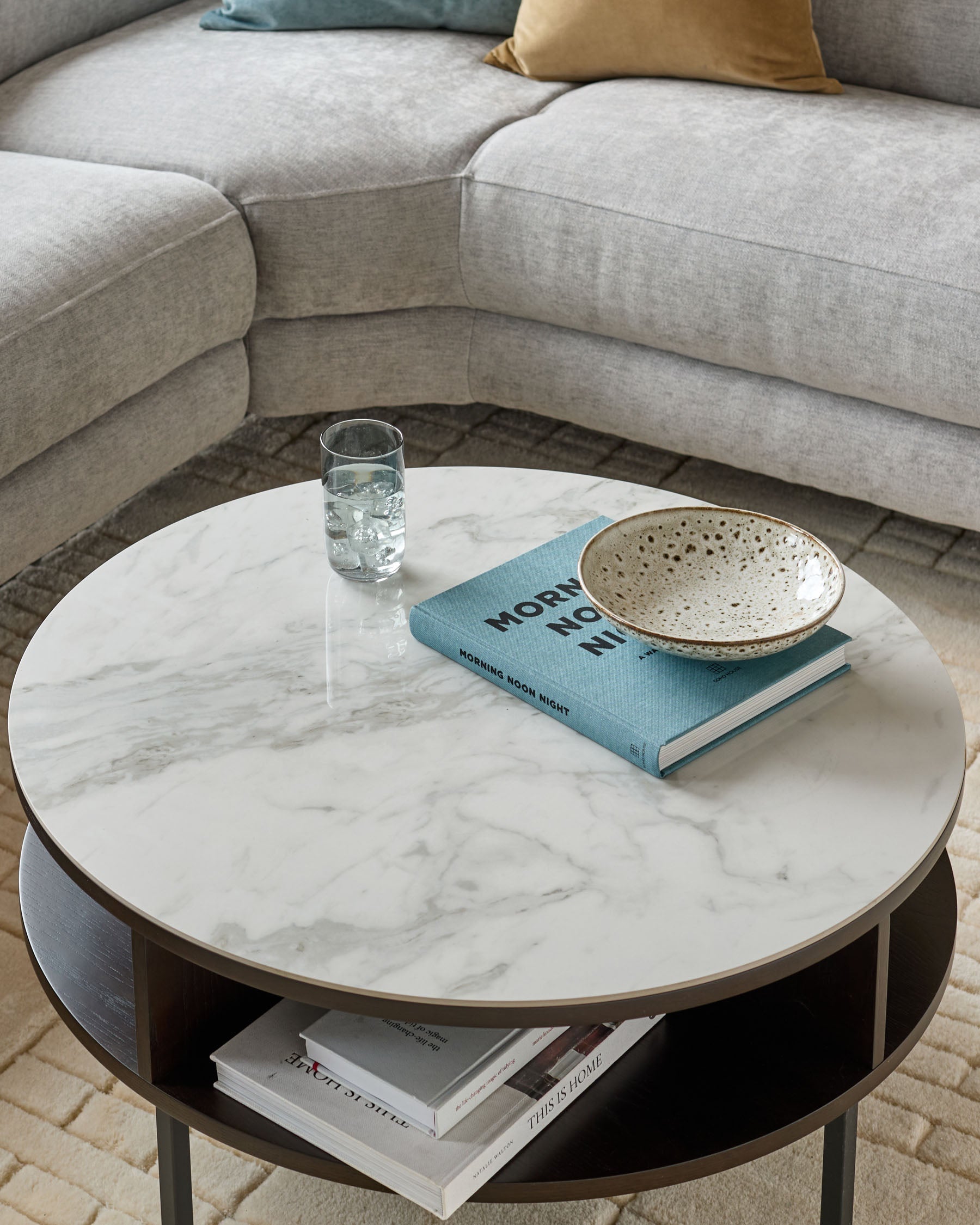 Marbled Ceramic and Dark Oak Round Coffee Table for
