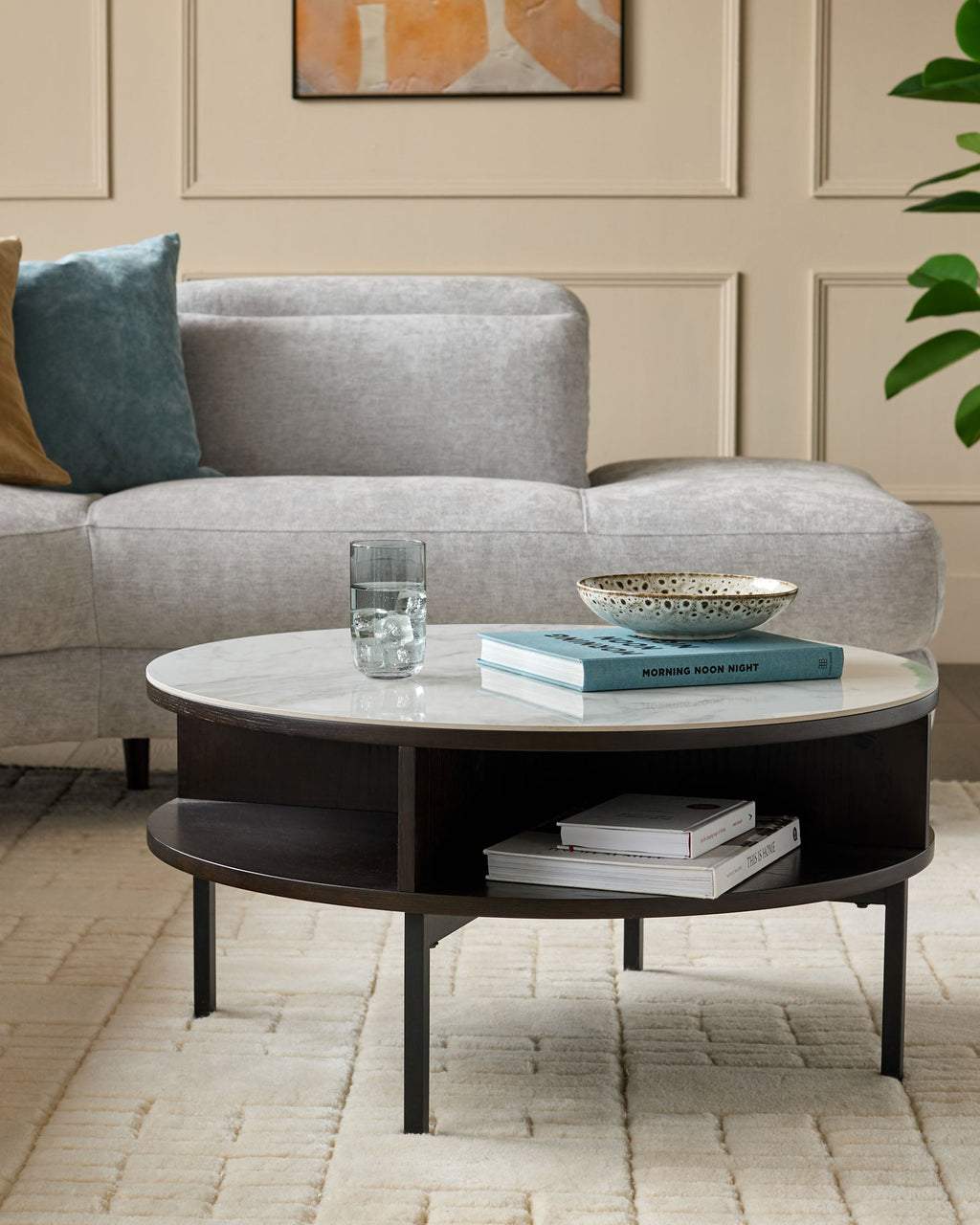 Marbled Ceramic and Dark Oak Round Coffee Table for