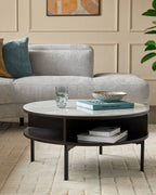 Marbled Ceramic and Dark Oak Round Coffee Table for