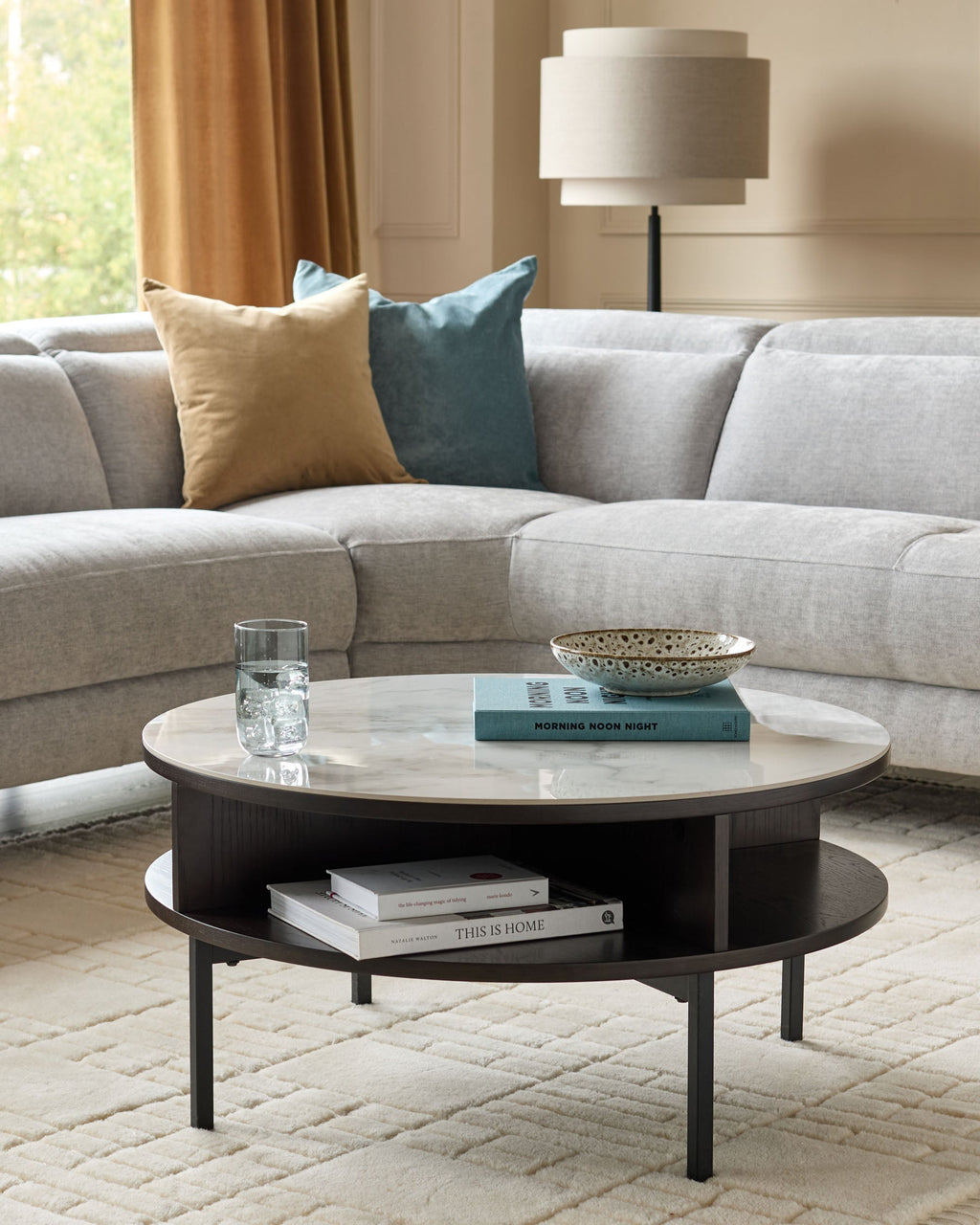 Marbled Ceramic and Dark Oak Round Coffee Table for