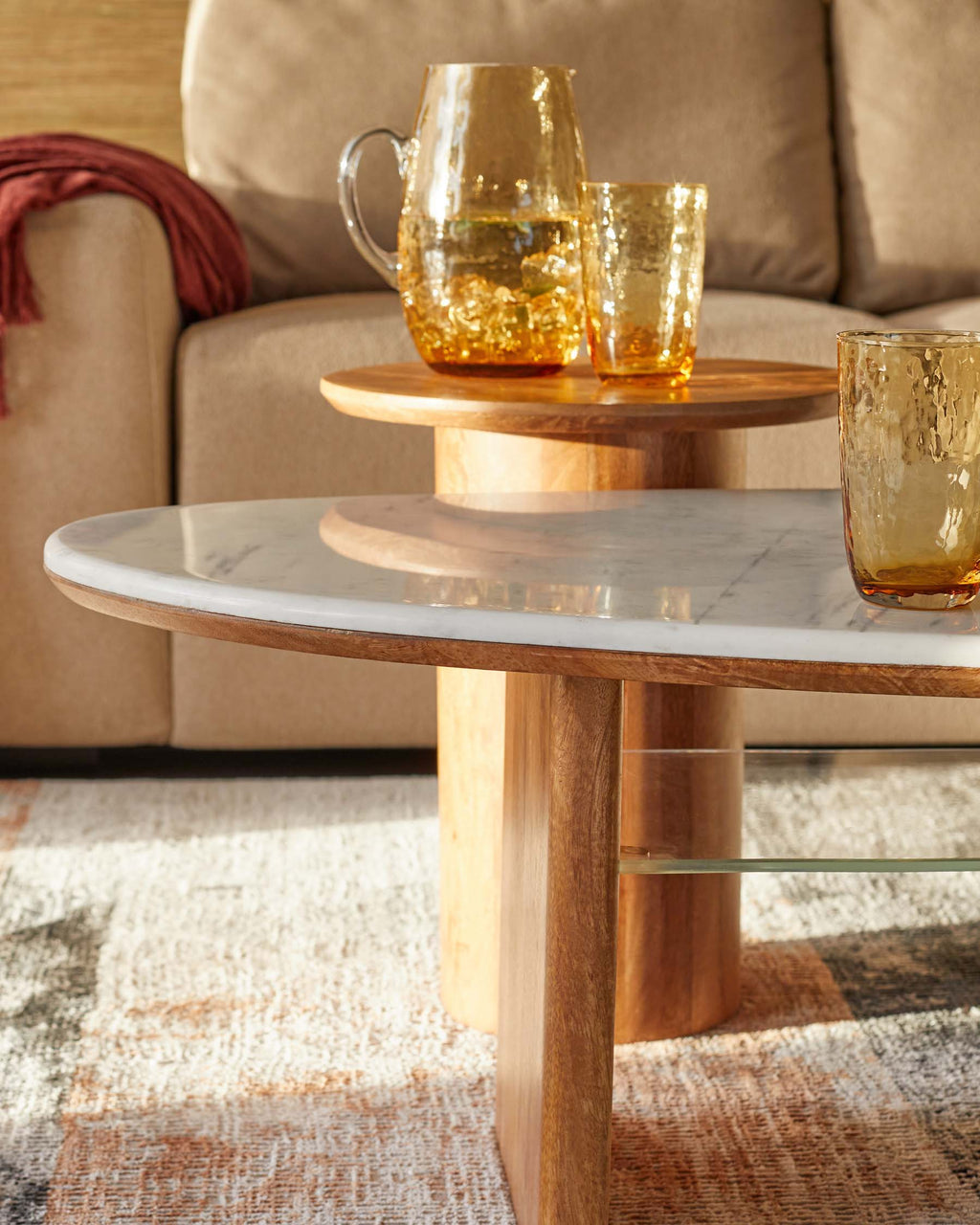 Mango Wood Marble Top Coffee Table for Living Room Spaces