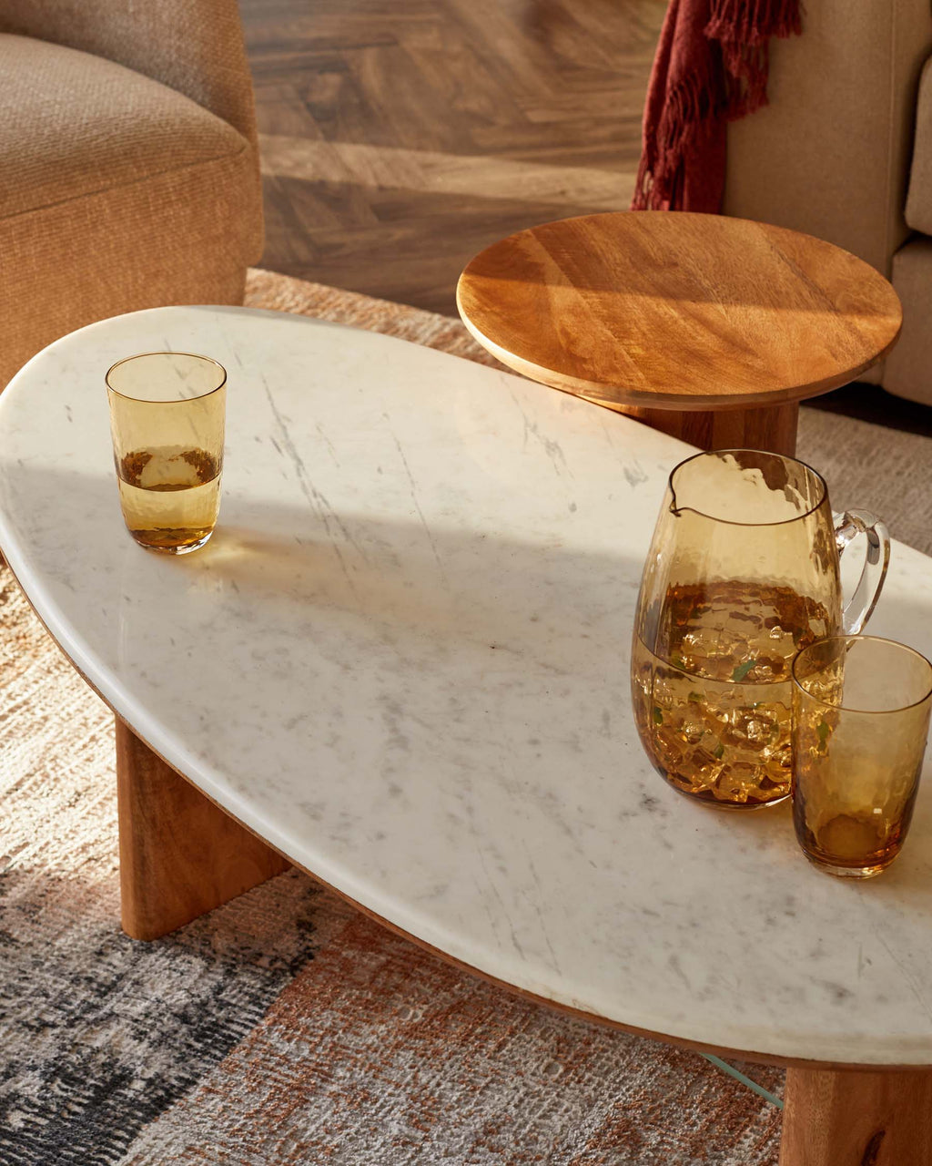 Mango Wood Marble Top Coffee Table for Living Room Spaces