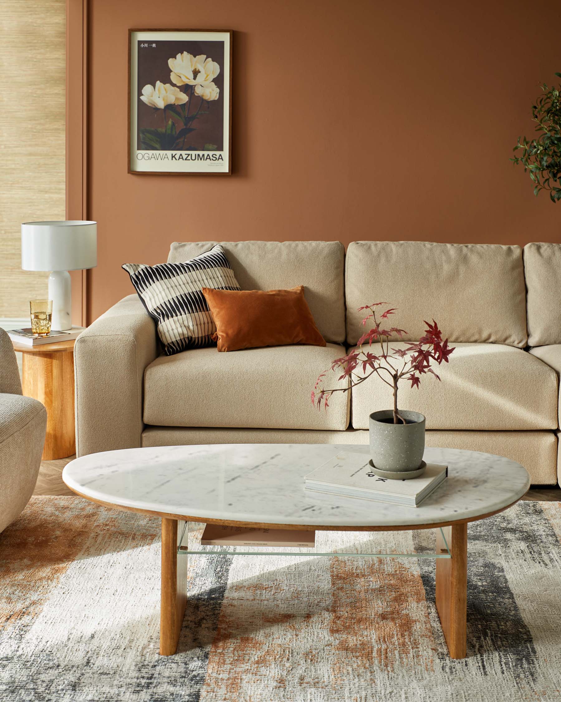 Mango Wood Marble Top Coffee Table for Living Room Spaces