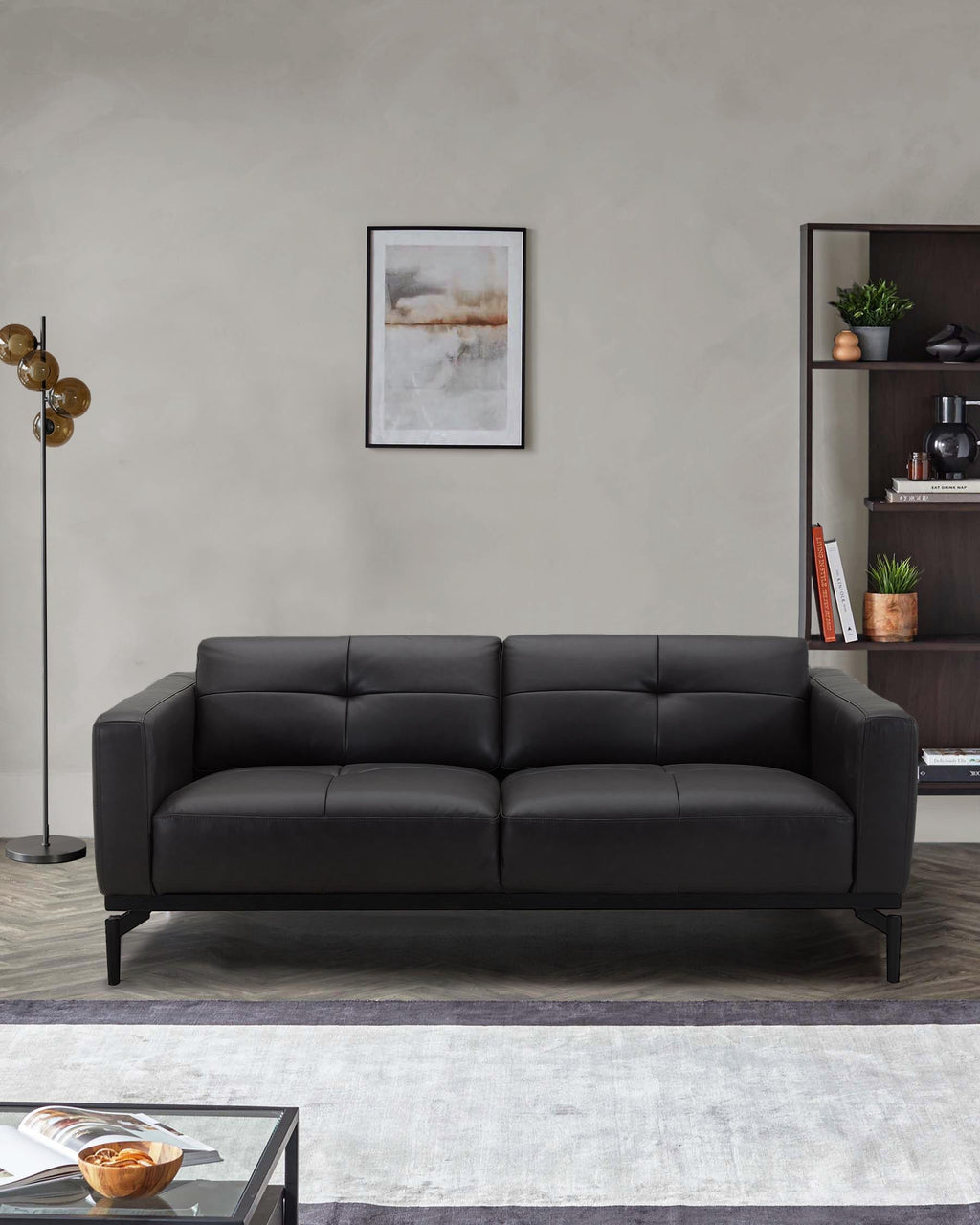 Black Leather Two-seater Sofa For Living Room