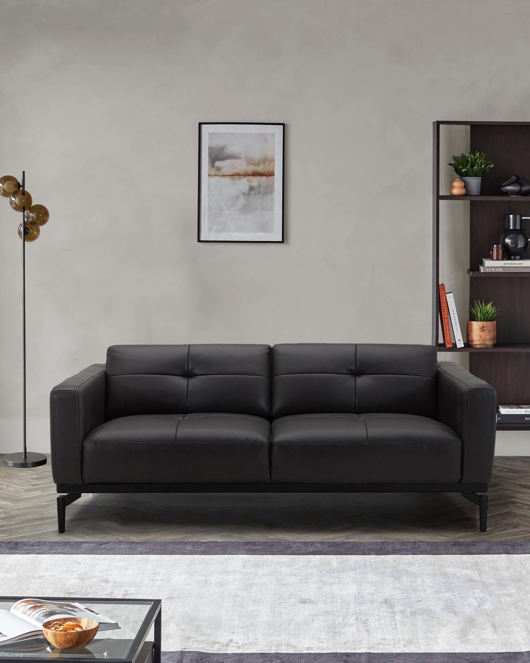 Black Leather Two-seater Sofa For Living Room