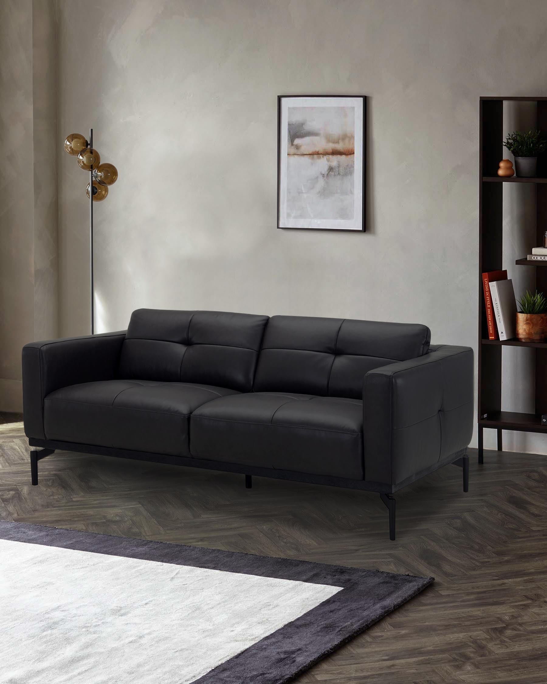 Black Leather Two-seater Sofa For Living Room